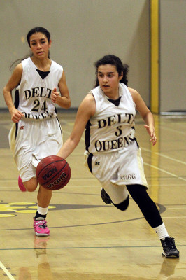 Sophomore Leslei Lopez moves down the court. 