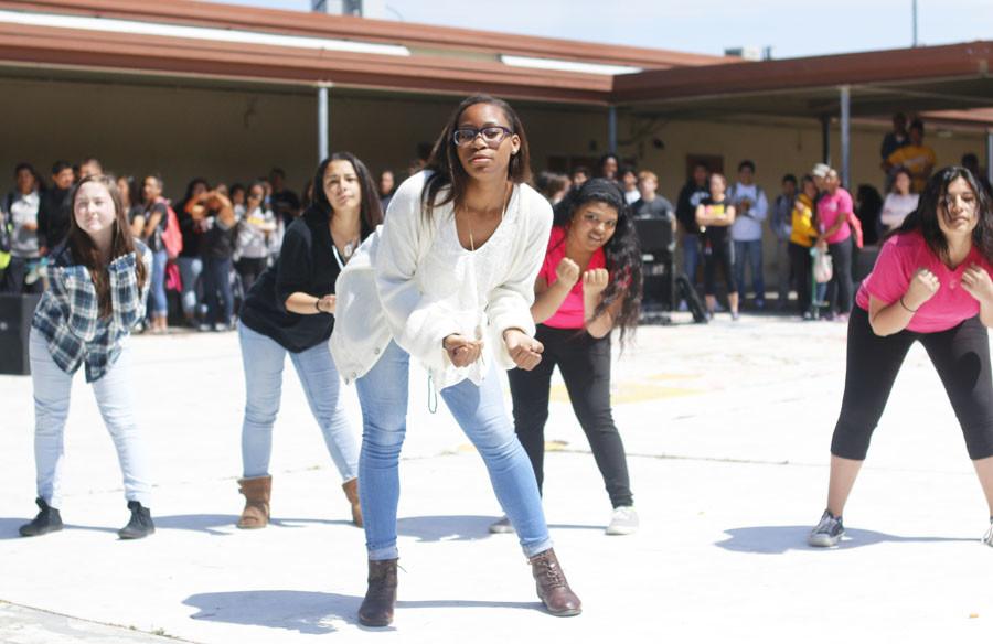 Dance 1-2 students  preformed a Zumba routine at lunch on April. 24 as a sneak preview for the Showcase coming in May.