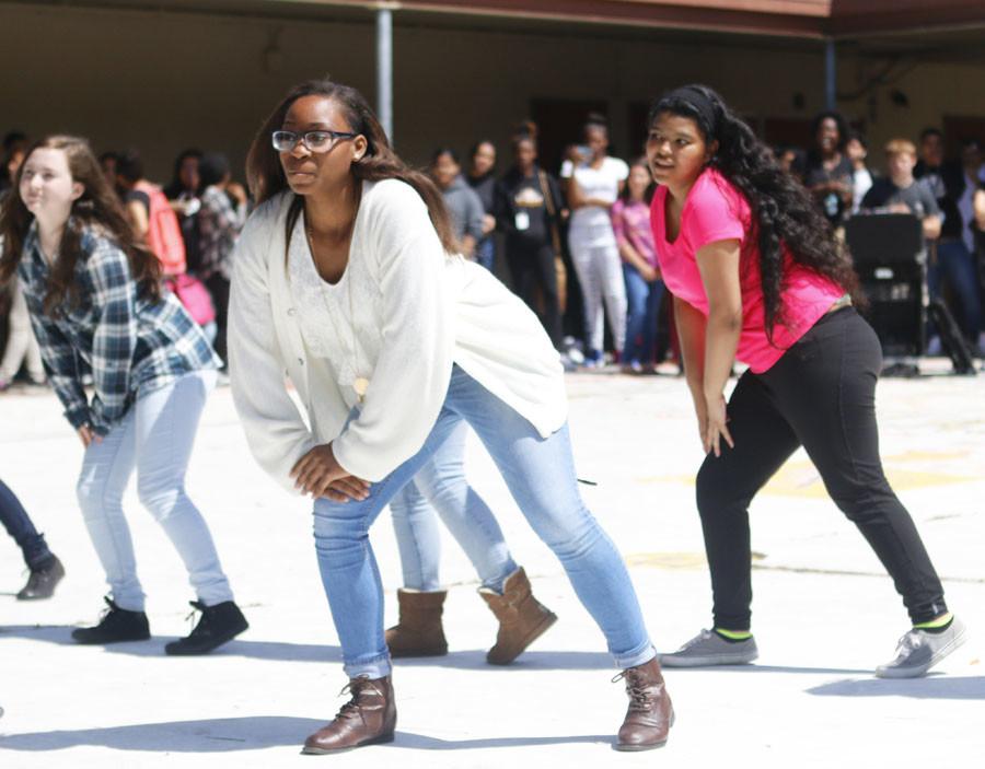 Dance 1-2 students  preformed a Zumba routine at lunch on April. 24 as a sneak preview for the Showcase coming in May.