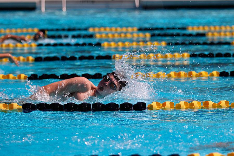 Junior Matthew Reichel practices on his freestyle with fins after school to prepare for his last swim meet of the year. 