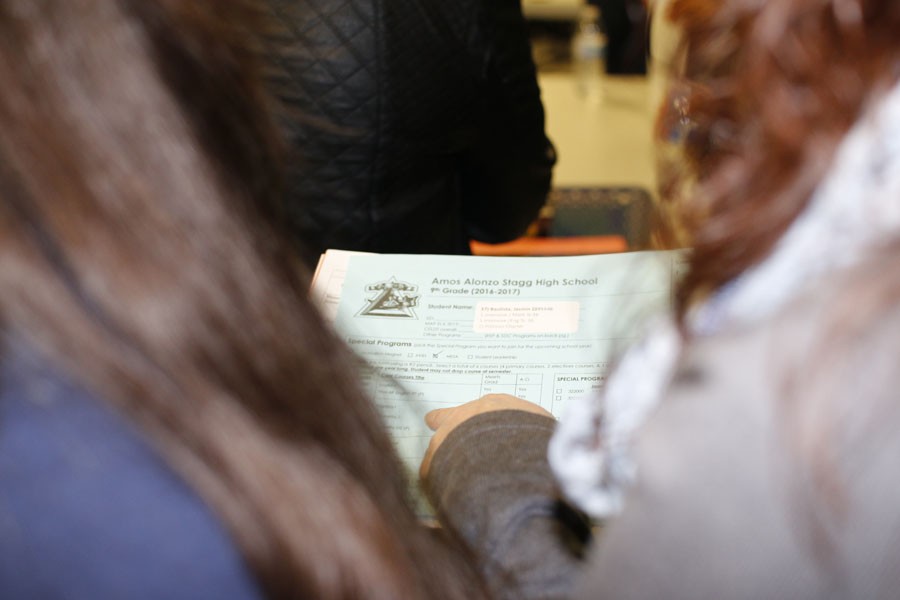 Students make their schedule decisions with their families. Teachers, counselors and Stagg students offer enthusiasm and advice for their high school careers.