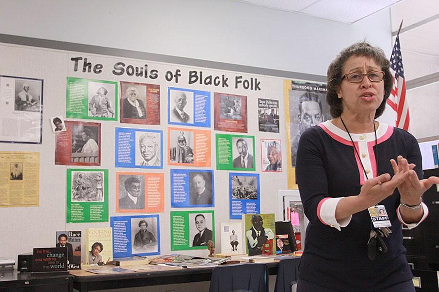 During Black History Month, Social Studies Department Chair Audrey Weir-Graham dedicates her wall to the “Souls of Black Folk.” She encourages students to study the wall to know more about black history.