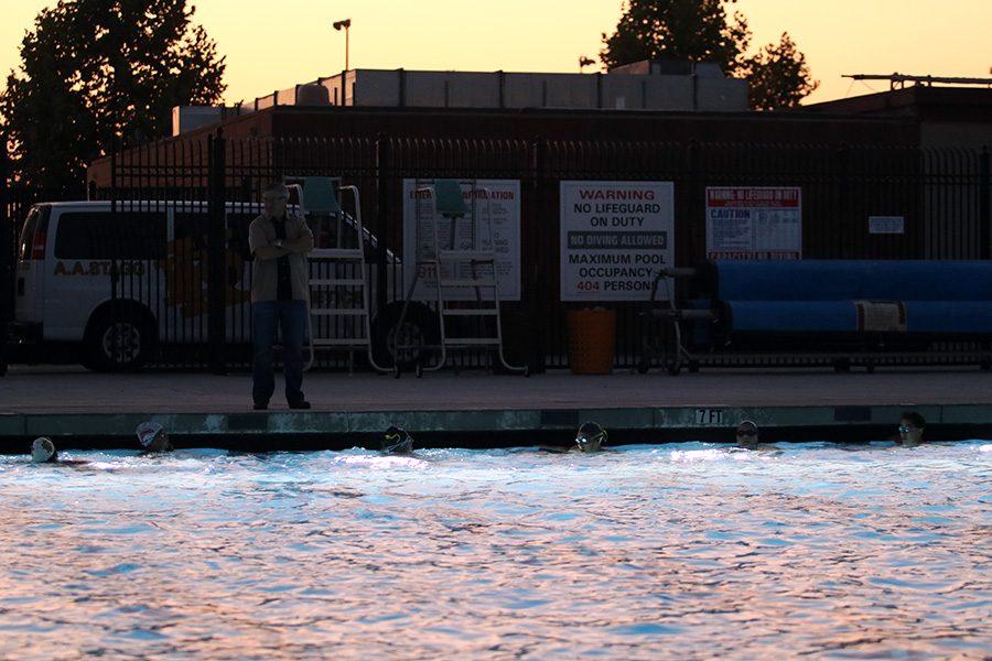 Coach Marcus Sherman directs the water polo team during their morning practice, which starts at 6 a.m.