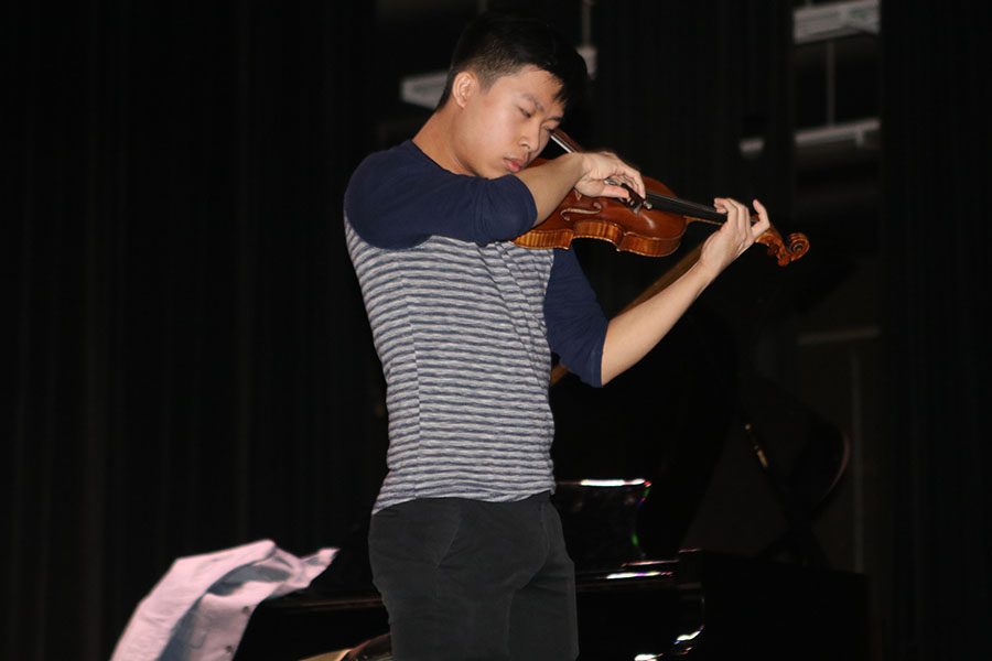 Leong begins to play a piece by a Polish violinist.  Music is my profession. He chooses pieces that are meaningful to him. 