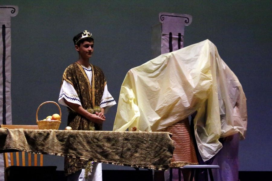 Freshman Joseph Logan plays the king of the night in his play The Midas Touch.