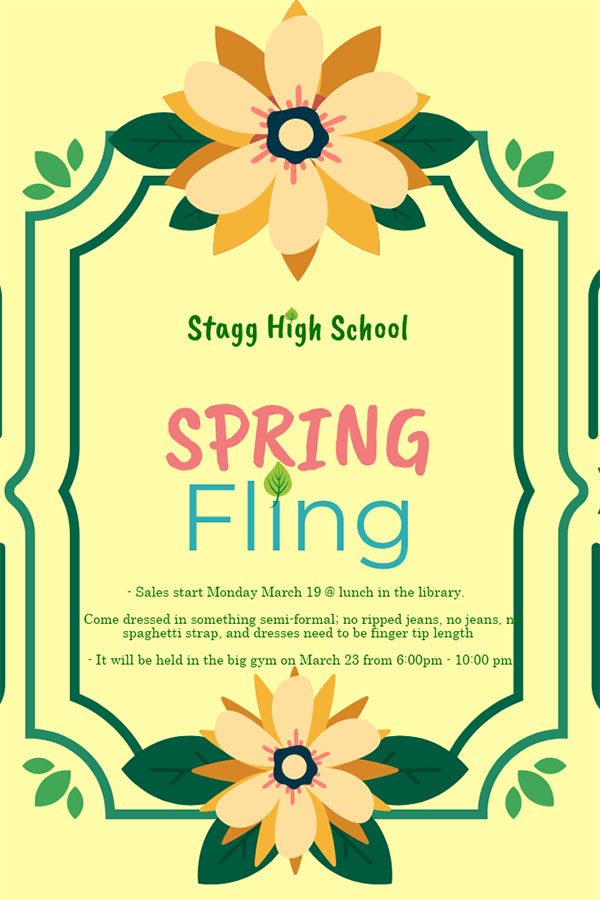 Come join us for our annual Semi-formal spring fling this Friday from 6:00pm - 10:00pm in the big gym. Tickets are $5 for single, $7 for couple and $10 at the door.