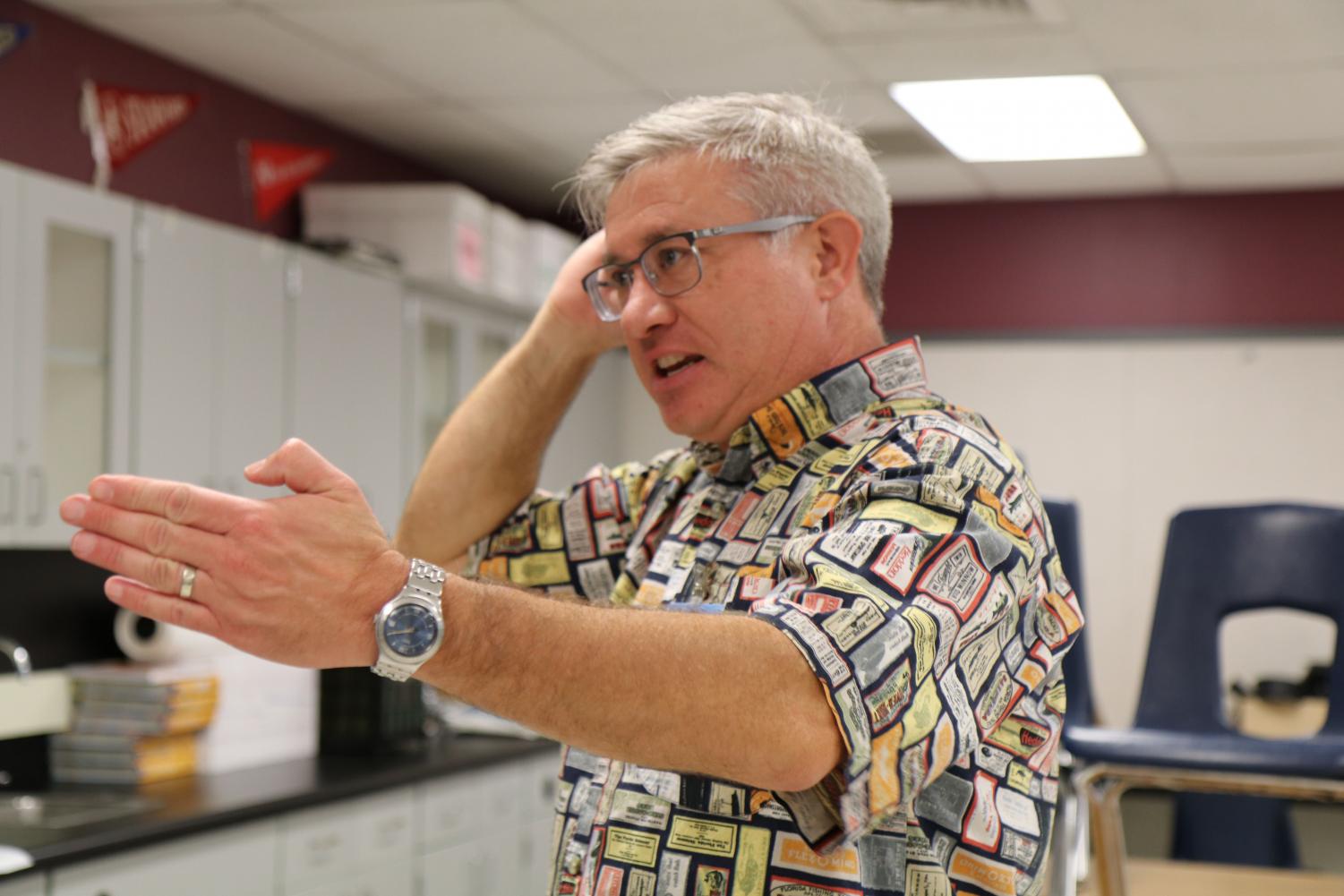 Science Curriculum Specialist Marcus Sherman explains a lab he created to help students understand Newton’s second law, the Magnus Effect. It consists of two cups taped together at the end and they are launched with a rubber band. They spin backards, making the air under spin faster, lifting the cups up.