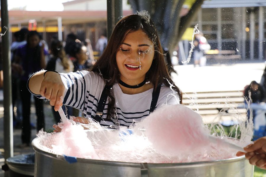 Senior Nadia Dutra prepares cotton candy to sell at Club Rush to fundraise money for the Korean Club. As founder and president for the new club, she used this as an opportunity to recruit new members.