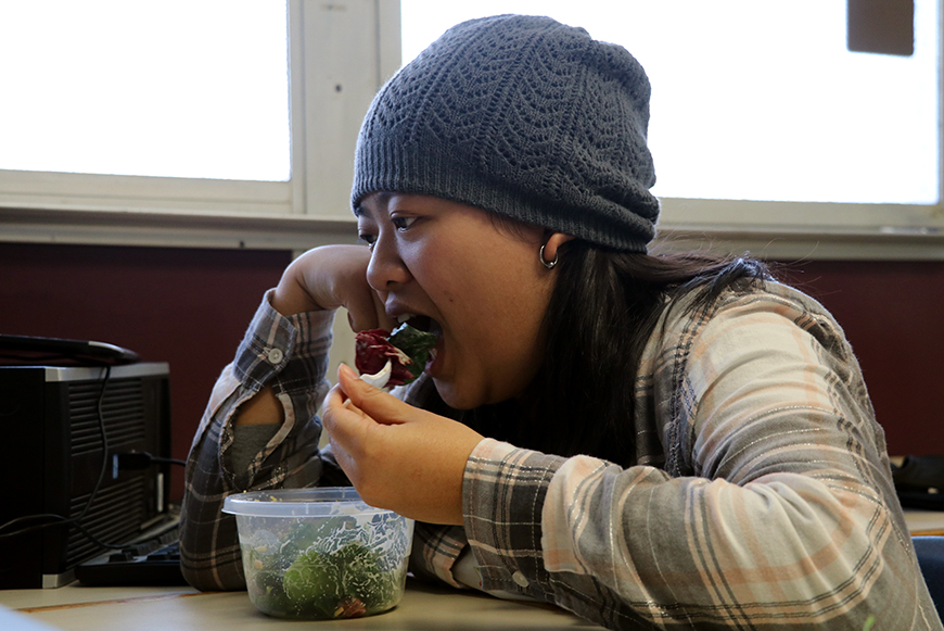 Senior Angelina HangPres eats her salad during lunch at school. She prepares her lunch every day before school, but has only recently started doing that because of her New Year’s resolution to start eating healthier, so she adopted a Ketogenic diet. She has been keeping to it for the past month so far and believes she can make it through.