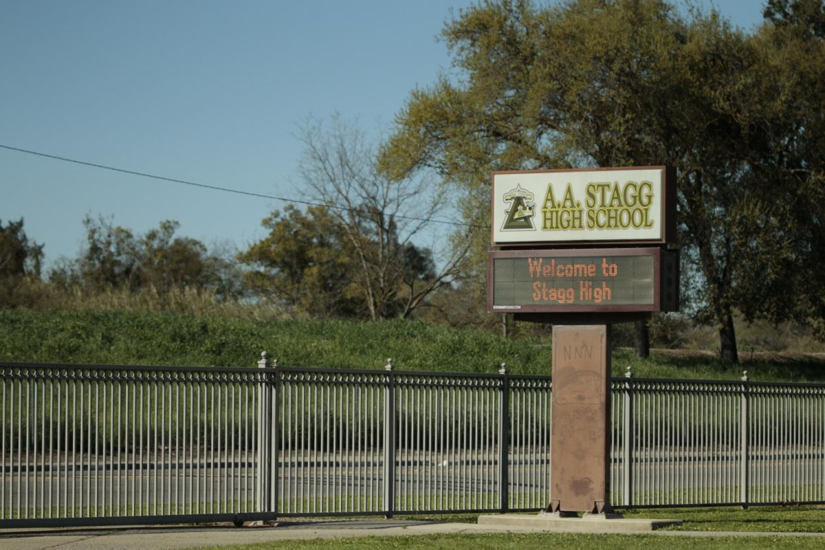 Entrance of Stagg High school that faces towards the Calavares River levee. “The San Joaquin County Sheriff’s  Boating Safety Unit is exhausting all efforts while searching for the teen,” says Principal Toliver. 