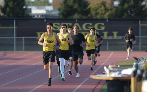 Sophomore, Joseph Leal takes charge leading the pack in the distance event at the inaugural league track meet hosted at Stagg High School. Leal is determined to leave his mark on the track and in the record books.