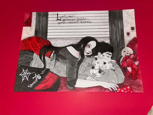 An untitled art piece from Gabriela Saucedo, showing her boyfriend and pet possum, Faye. Saucedos style blends realism with anime.