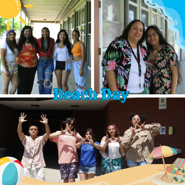 Students and administrators pose with their beach-wear attire for Tuesdays spirit day theme. Each day represented a different state and Tuesday was California.