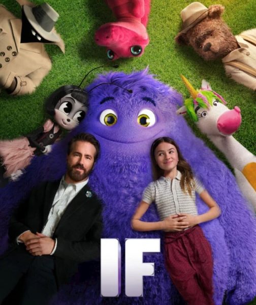 “Ryan Reynolds (Cal) and Cailey Fleming (Bea) kicking back with IFs (Imaginary Friends) on the poster.