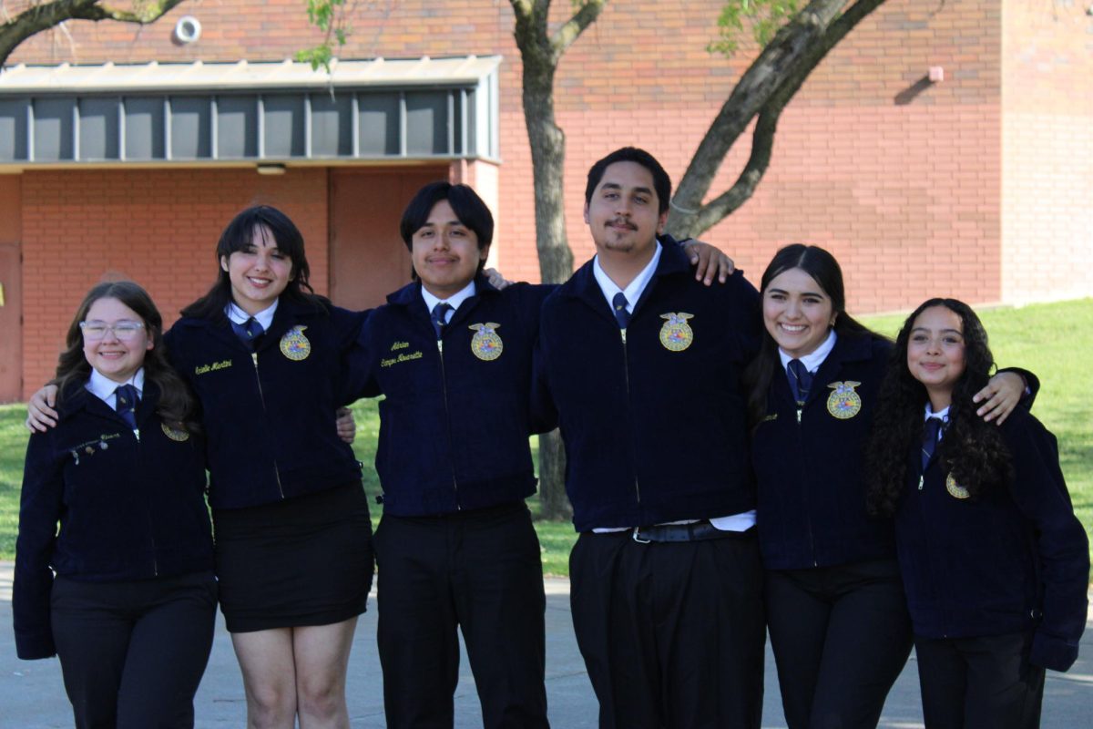 The final elected officers posing for a picture taken by FFA Floriculture teacher Damien Arcero. From left to right it ranges from highest position being President (left) to lowest being Sentinel (right). 