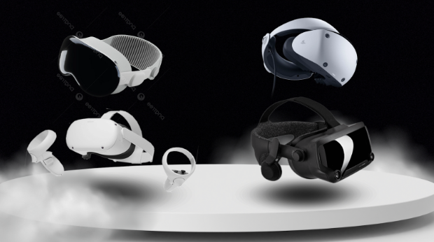 The biggest VR headset competitors out right now include the Apple Vision Pro, the Meta Quest 2, Valve Index, and the Playstation VR2. Graphic Design by Nicholas Brown/Stagg Online