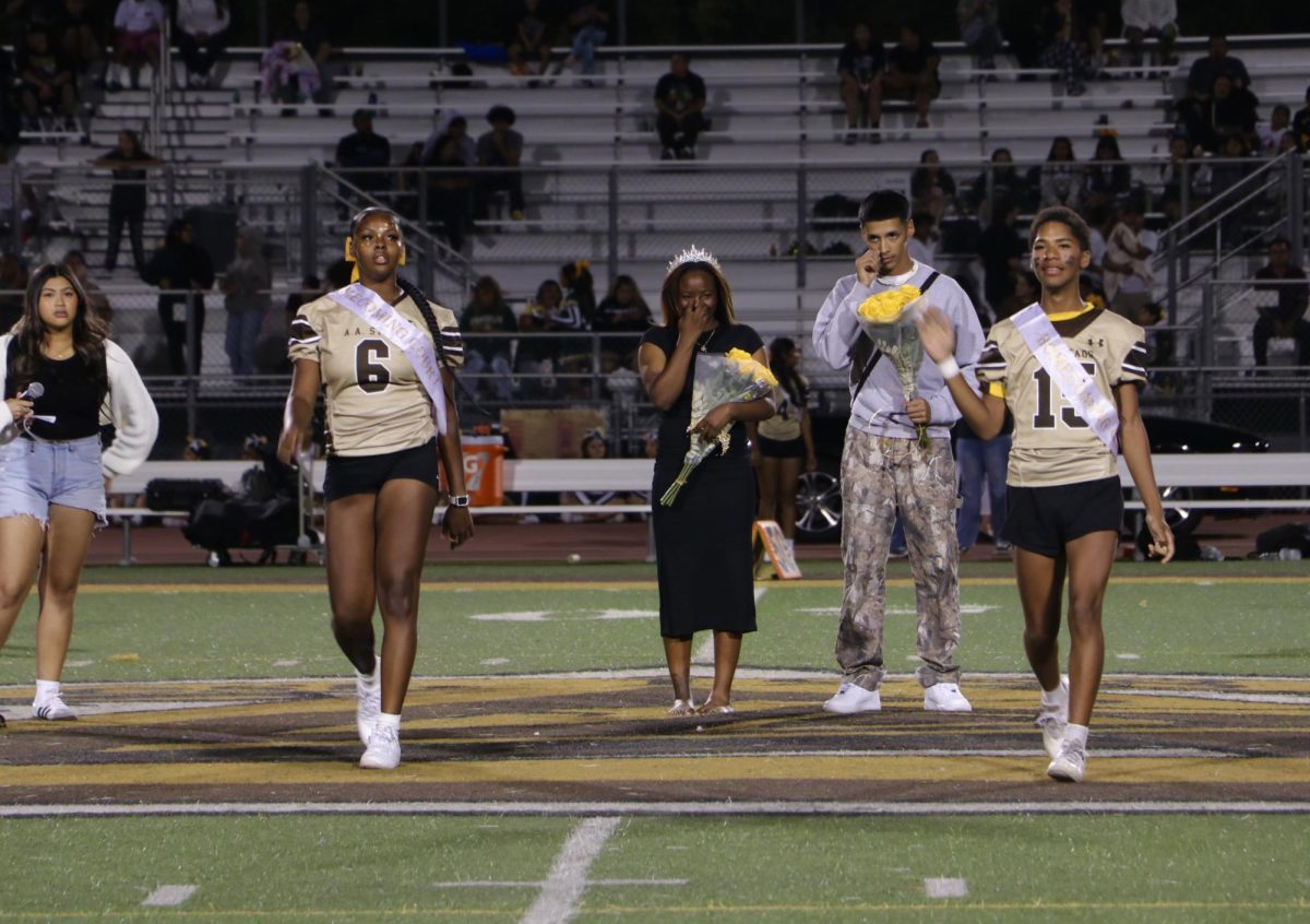 Homecoming nominees LeAuni Gaines and Cody Ayers walk through the football field after being introduced. After the introduction of the homecoming participants, Gaines and Ayers perform their outstanding half time show with their fellow cheerleaders. 