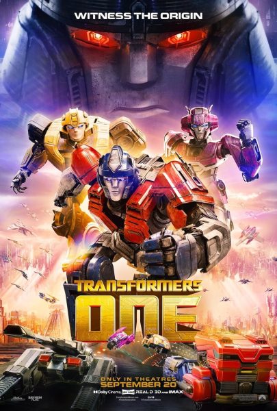 A Transformers movie poster showing the most prominent characters from IMDB. 
The picture has the character's vehicle forms and the release date of the movie.