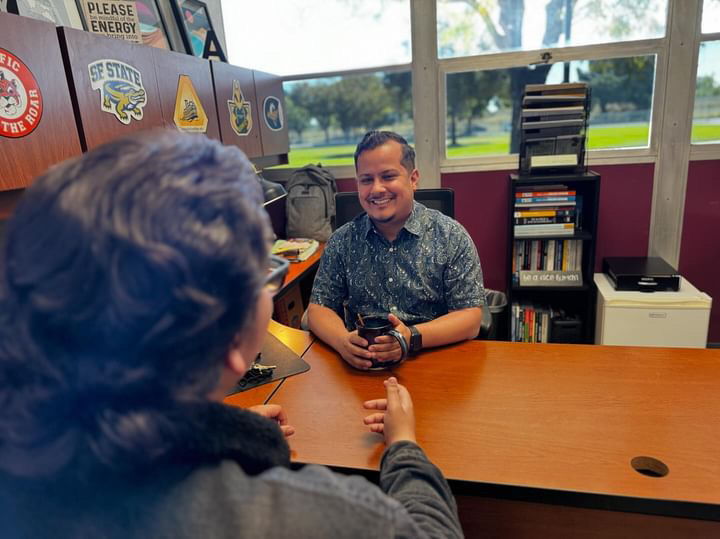 Head counselor Brandon Alvarez talks about the new phone policy with Stagg reporters and is understanding about student's potentially losing access to their phones. "I can also see a lot of kids struggling because maybe they don't necessarily know how to detach from the phone, so it's going to be an adjustment period for sure.¨ (Jordan Martinez / Stagg Online)
