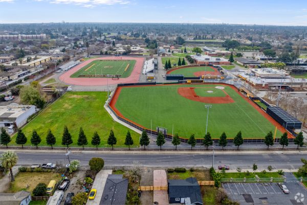 Overhead view of the football and baseball field before the remodeling.