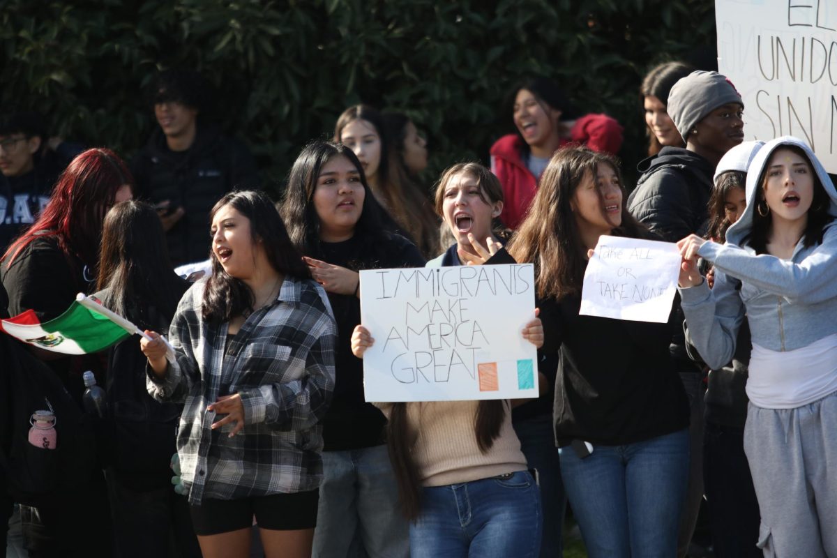 Protesters hold signs and the Mexican flag while advocating for migrant rights.