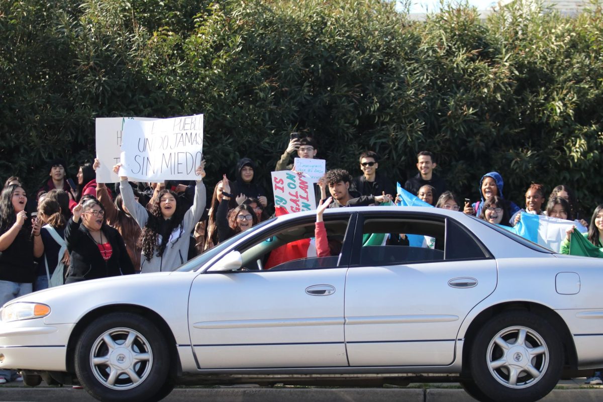 A driver waves in solidarity with the protestors, who cheer and smile.