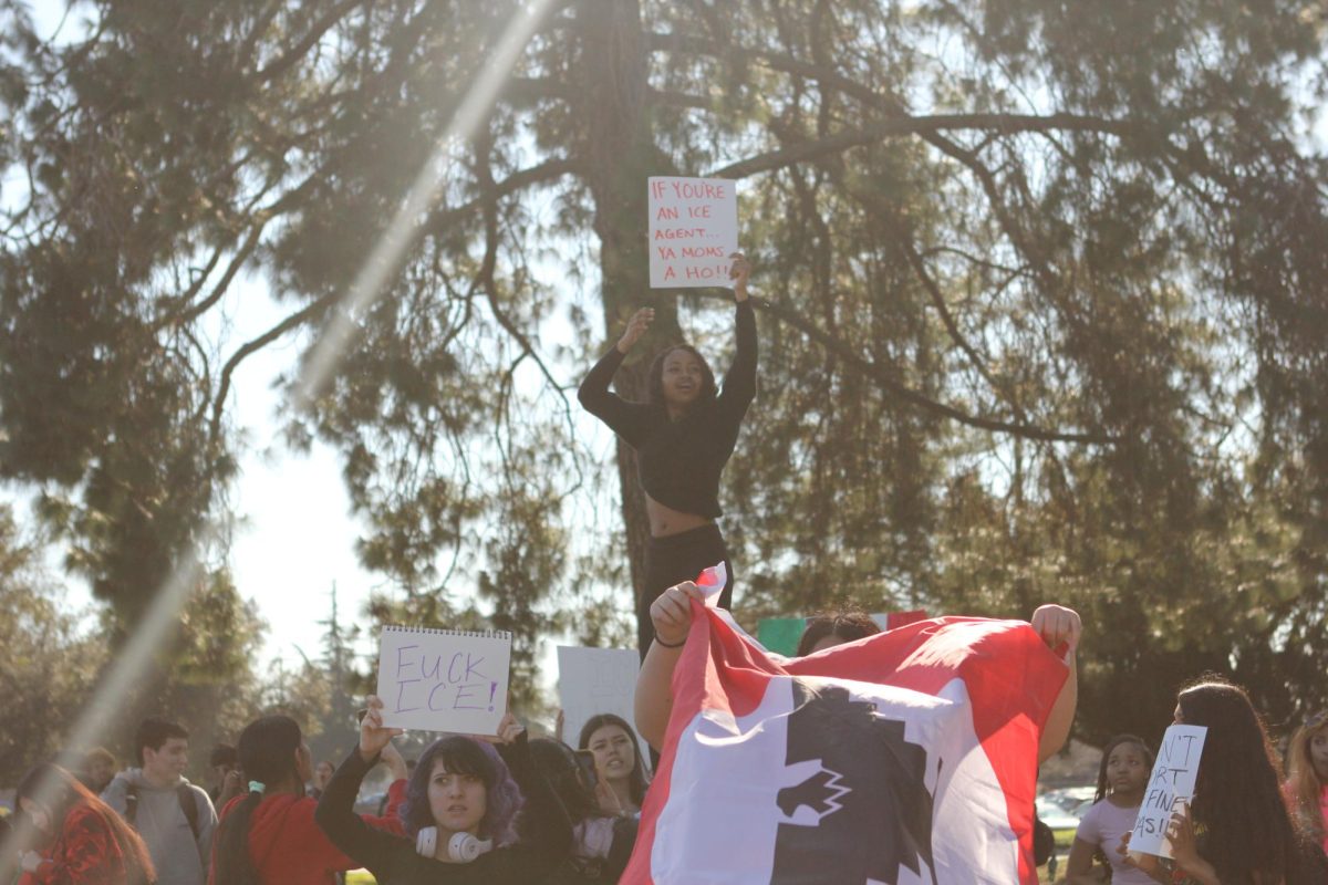 Student gets carried in middle of protest and holds up against Immigrations and Customs Enforcement (ICE) on the lawn of Delta College during lunch on February 2. These are connected protests happening nationwide in response to ICE's actions in Minnesota.